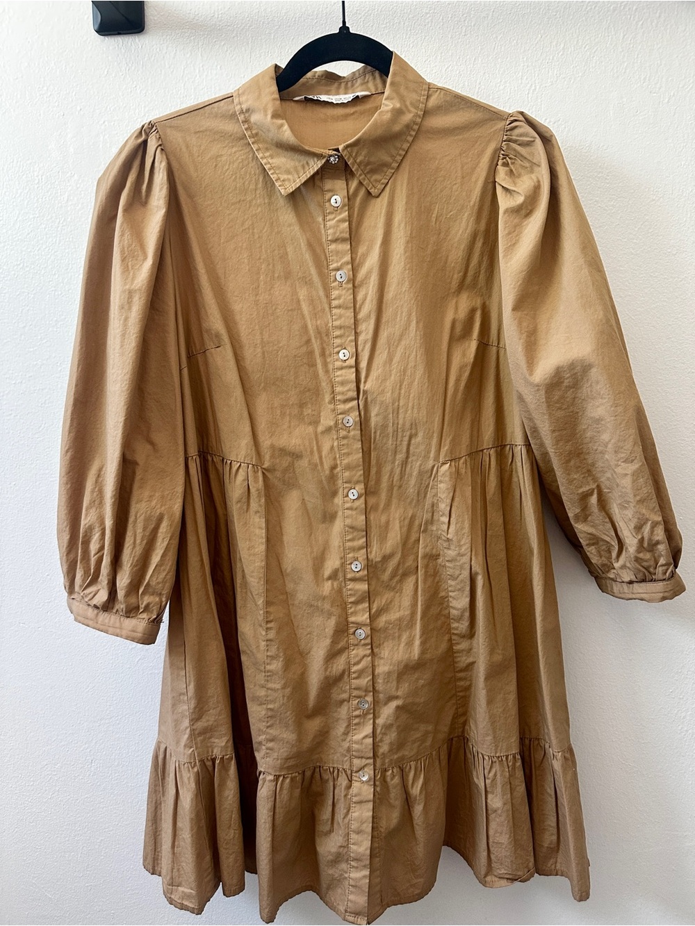ZARA Button-Front Cotton Shirt Dress in Camel